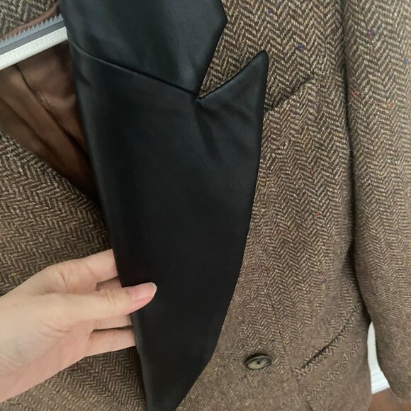Classic Brown Tweed  Leather Lapel Double-Breasted Blazer Jacket Coat - Picture 4 of 7